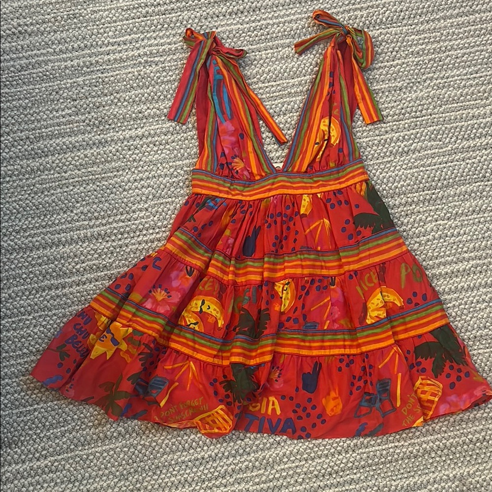 FARM Rio Orange Red Tiered Ruffled Sundress